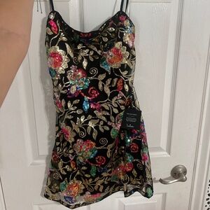 black sequence floral mini dress